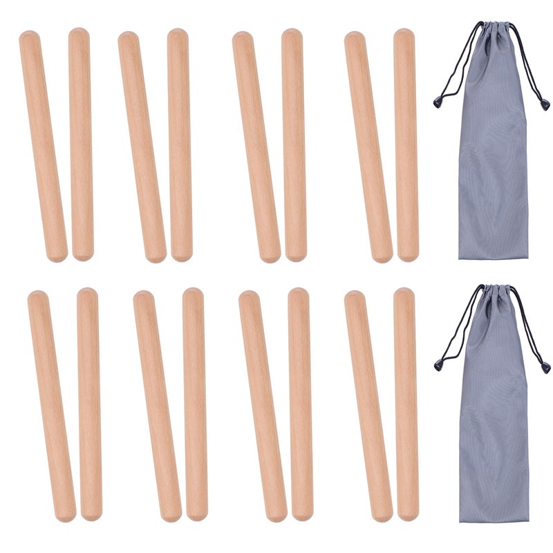 Mihey 8 Pairs (16 Packs) Classical Wood Claves Musical Percussion Instrument, 8 Inch Natural Hardwood Rhythm Sticks with 2 Carry Bags - Image 1